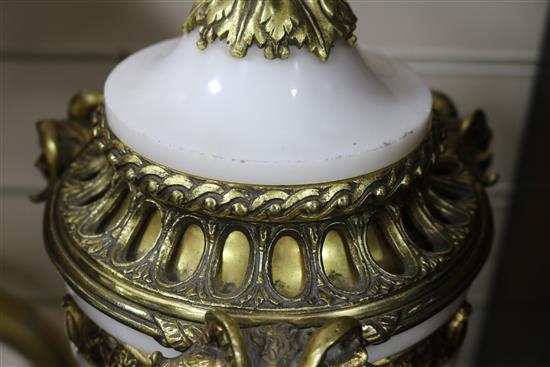 A pair of Louis XVI style white marble and gilt metal cassolettes, height 44.5cm